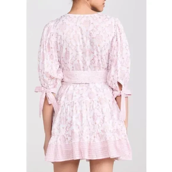 Bell by Alicia Bell Lucy Pink Gold Motif White Puff Sleeves Wrap Mini Dress XS - Picture 3 of 16